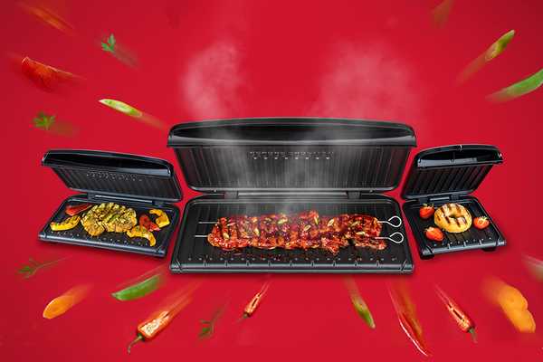 3 George Foreman grills with different food items against a red background.